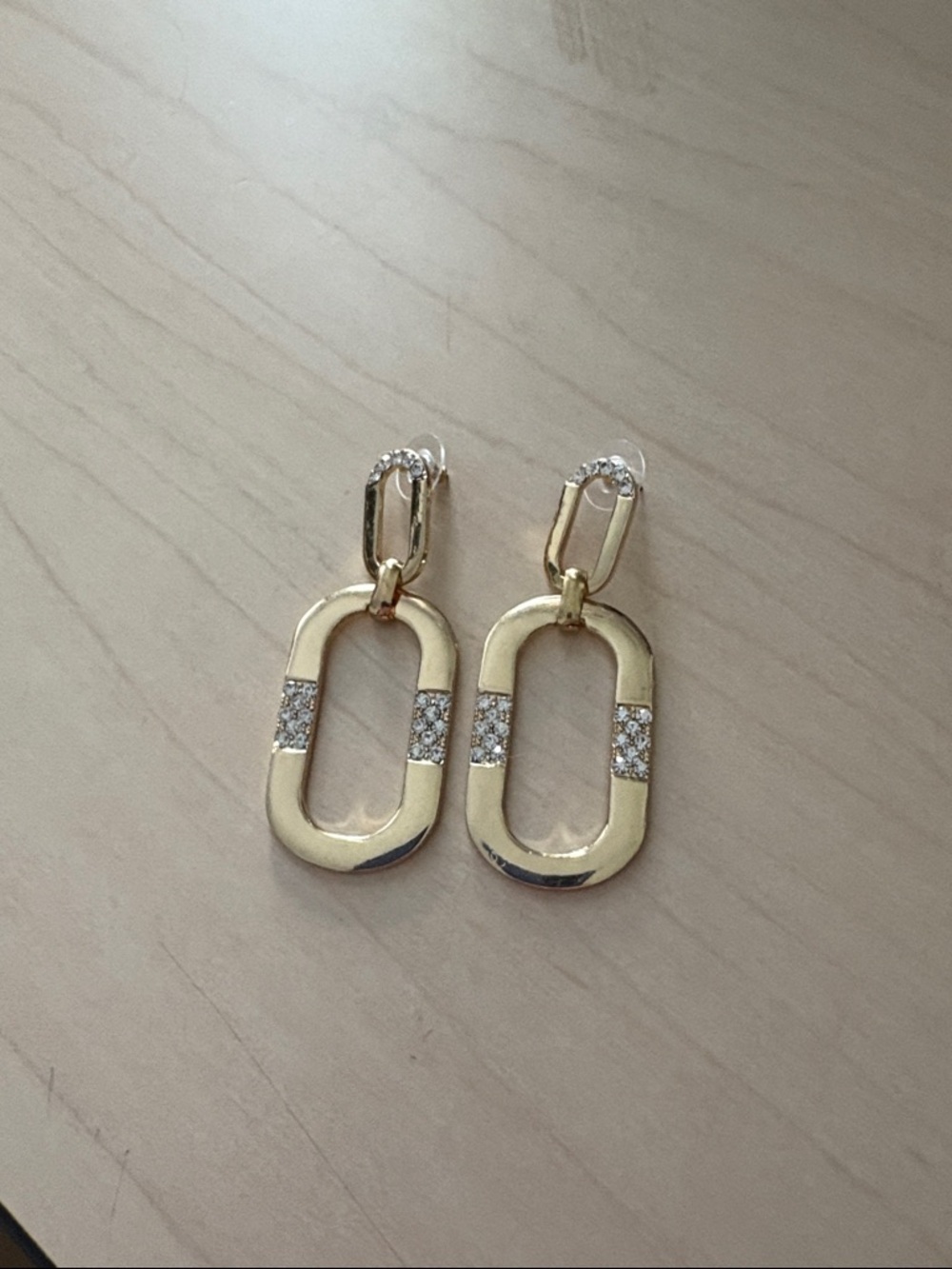 Gold Oval Chain Drop Earrings with Pavé Accent